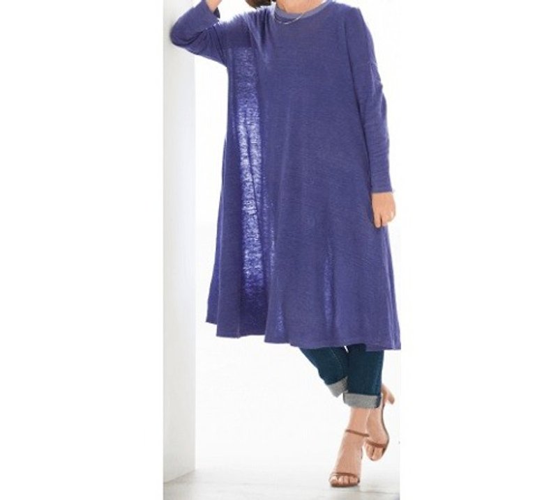 Cornflower Dyed Linen Jersey Long Sleeve One-piece Dress - ชุดเดรส - ผ้าฝ้าย/ผ้าลินิน สีน้ำเงิน