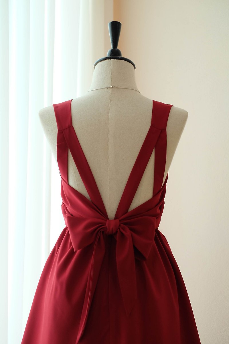 Dark red Dress Bridesmaid dress backless party Cocktail short dress - 晚裝/晚禮服  - 聚酯纖維 紅色