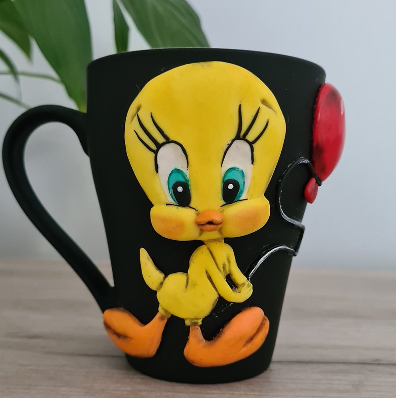 Tweety Looney Tunes On a Black Coffee Mug Handmade with Polymer Clay - Mugs - Clay Yellow