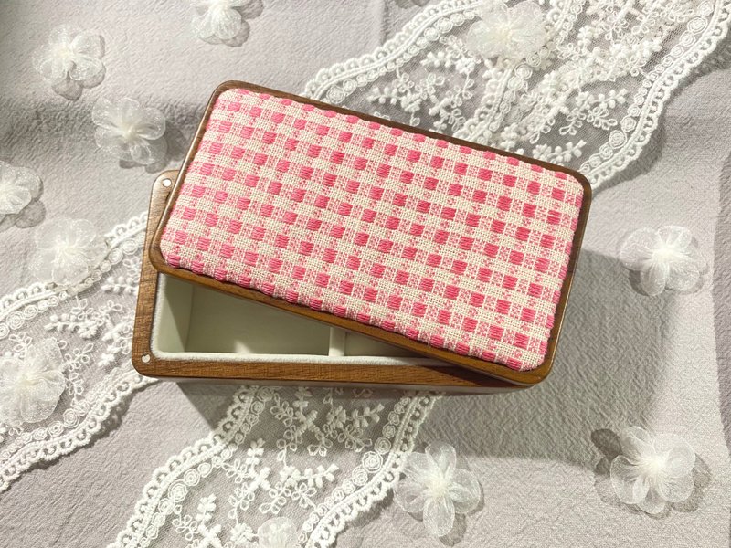 Pink plaid scarf embroidered jewelry box earring storage box - Other - Thread Pink