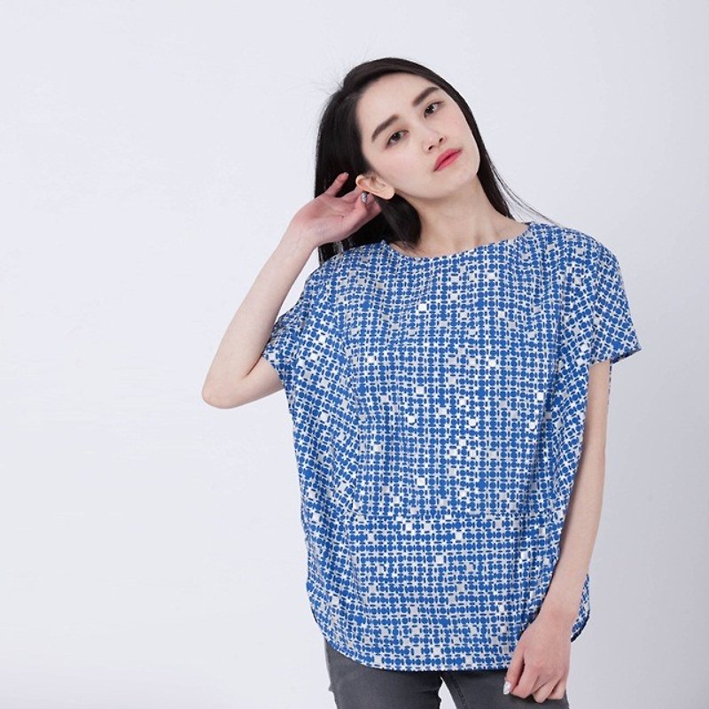 Demi Simple Sleeveless Cotton Print Top - เสื้อผู้หญิง - ผ้าฝ้าย/ผ้าลินิน สีน้ำเงิน