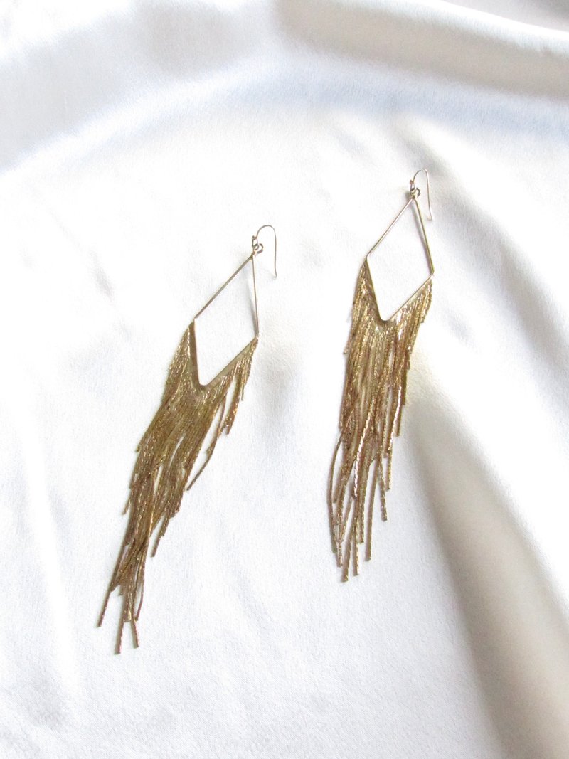Vintage Long Gold Tassel Earrings - 耳環/耳夾/耳骨夾 - 貴金屬 金色