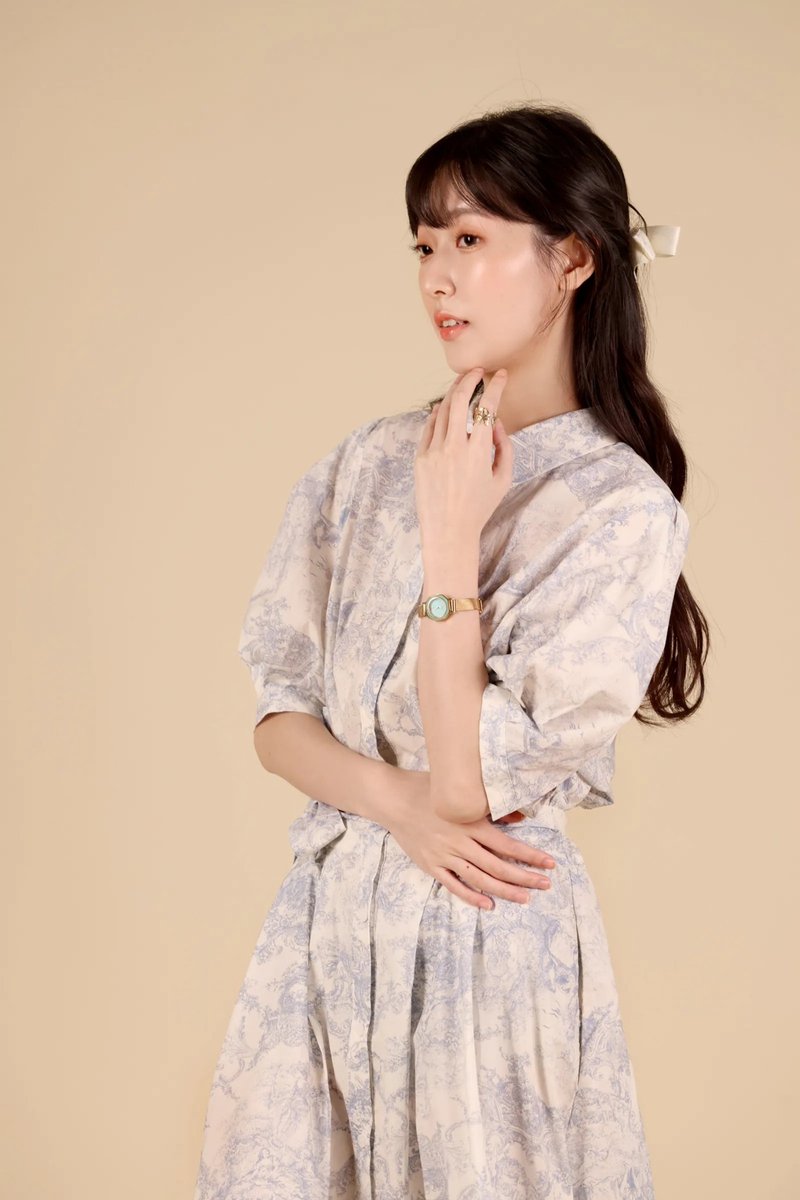 Time Walk Retro Printed Puff Sleeves Strappy Dress—Moon Blue - One Piece Dresses - Polyester Blue