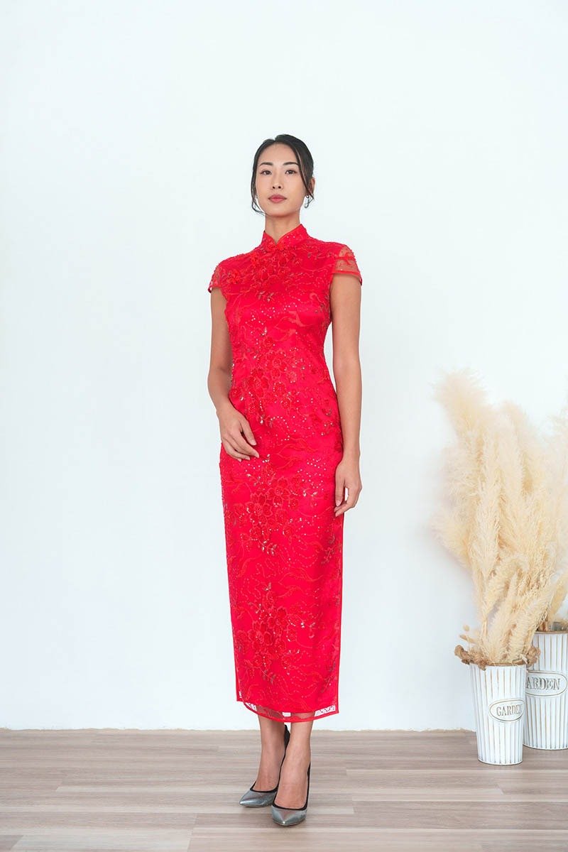 Beaded Redstar II Lace Qipao | Wedding Dress | Tea Ceremony | Bridal - Skirts - Polyester Red