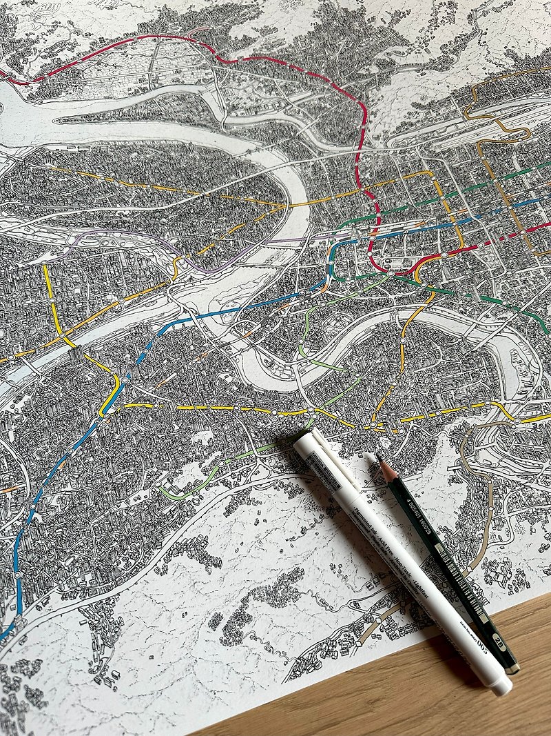 MRT と鉄道を含む台北盆地の手書きの 3D 地図 - ウォールデコ・壁紙 - 紙 