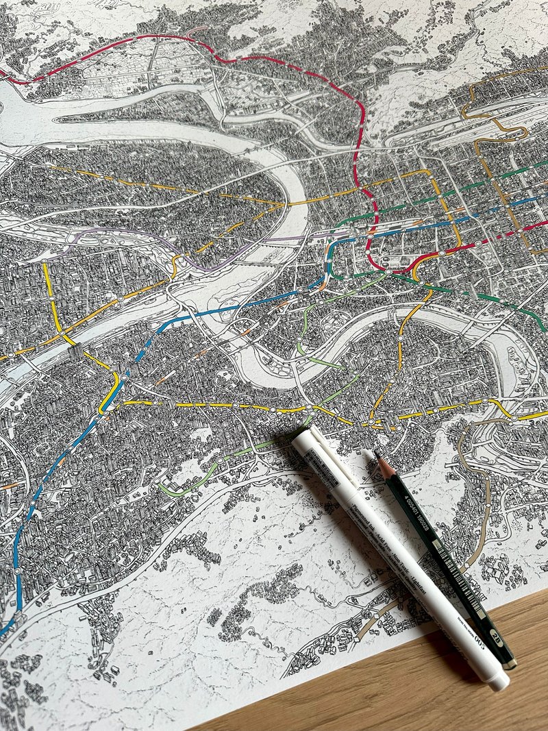 Hand Drawn 3D Map of the Taipei Basin including the MRT and Railways - Wall Décor - Paper 