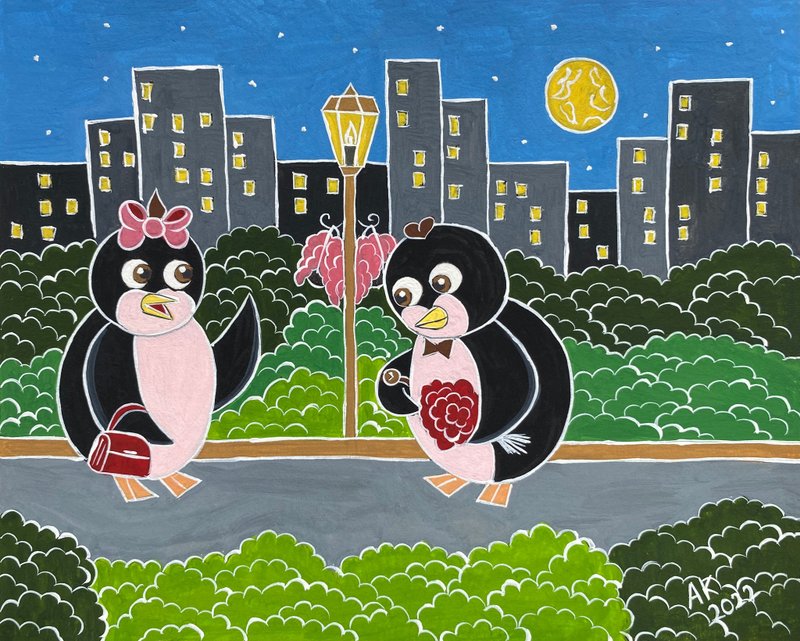 Penguins Date Night gouache painting, romance love, city night, birds couple - 壁貼/牆壁裝飾 - 其他材質 藍色