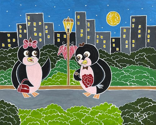 Anastasia Art - 独特的工艺 Penguins Date Night gouache painting, romance love, city night, birds couple