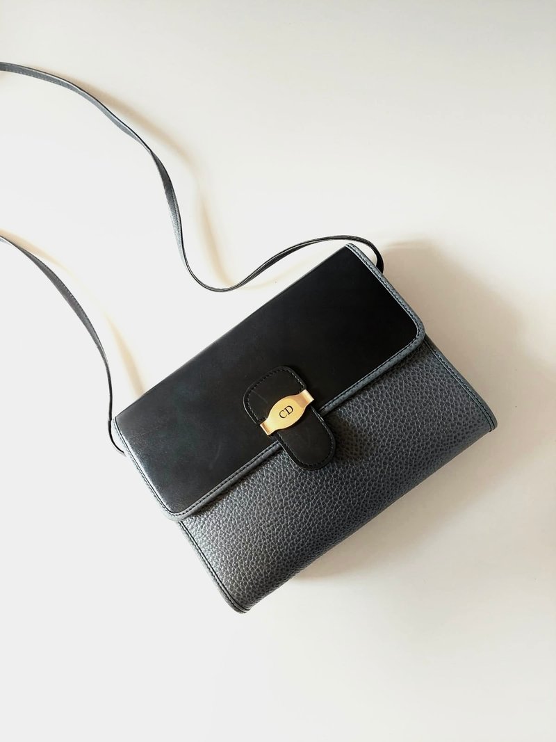 【LA LUNE】Second-hand Dior black leather shoulder and cross-body small envelope bag - กระเป๋าแมสเซนเจอร์ - หนังแท้ สีดำ