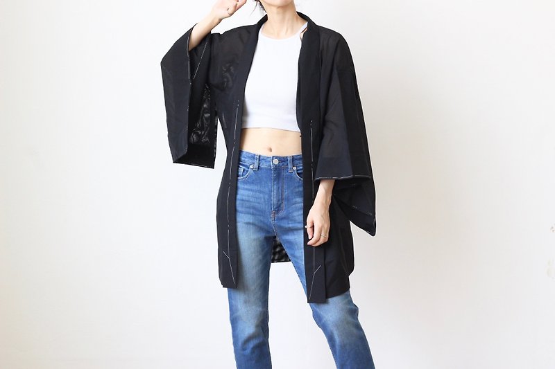 summer black kimono, EXCELLENT VINTAGE  /4284 - เสื้อแจ็คเก็ต - เส้นใยสังเคราะห์ สีดำ