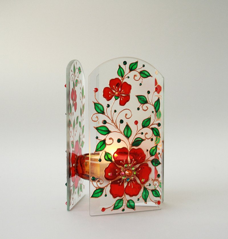 Glass Lamp Candle Holder Red Flower Emerald Swarovski Crystals Hand-painted - 燈具/燈飾 - 玻璃 紅色