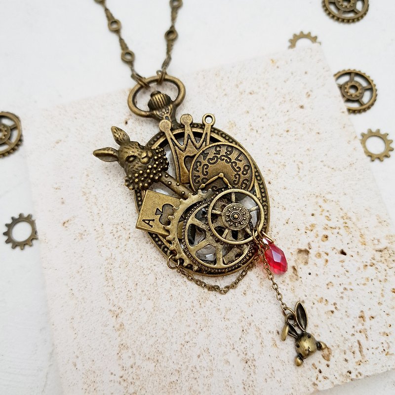 Alice in Wonderland x Vintage Necklace / Mr. Rabbit x Pocket Watch x Steampunk - Long Necklaces - Other Metals Brown