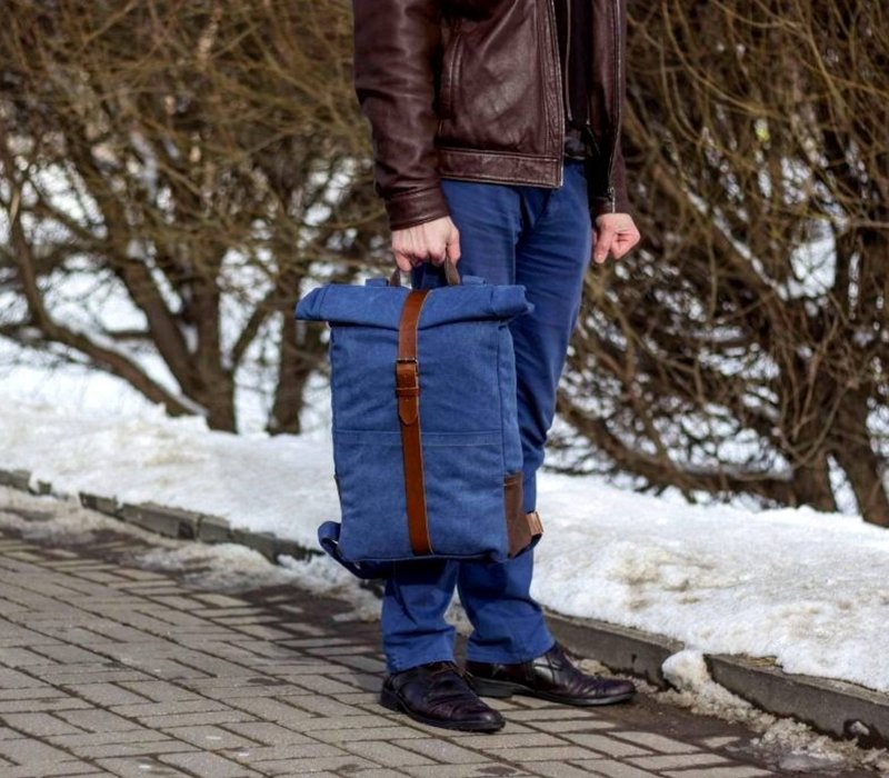 Canvas leather backpack, Canvas rucksack, Canvas rucksack backpack - Backpacks - Genuine Leather Blue