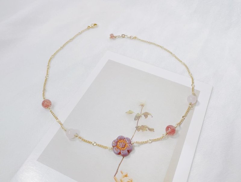 小花仙境 || 捷克花 粉水晶 草莓晶 招桃花 細頸鍊 - 項鍊 - 水晶 粉紅色