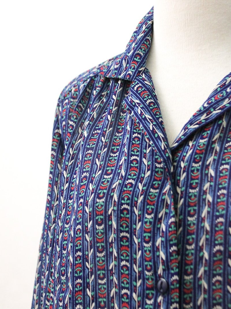 日本製復古民族風碎花藍色長袖古著襯衫 Vintage Blouse - 女襯衫 - 聚酯纖維 藍色