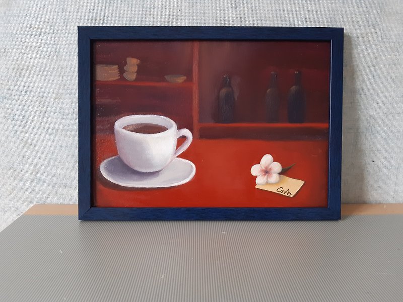Original oil painting, framed, Cafe, cup - Picture Frames - Wood Red
