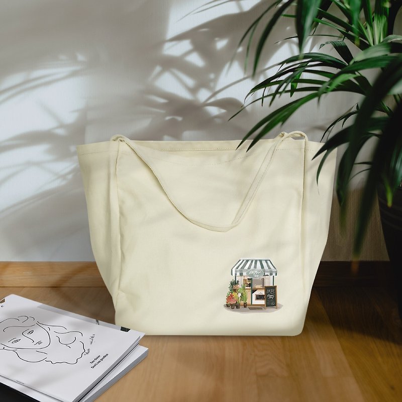 Cotton Beige Flower Shop Printed BagTote Personalize Tote Bag Handmade Item - กระเป๋าถือ - วัสดุอื่นๆ ขาว