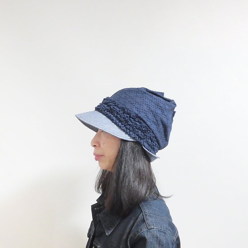 Individual news boy cap · navy with design that pinched the top with lace material 【PS 0652-NV】 - Hats & Caps - Cotton & Hemp Blue