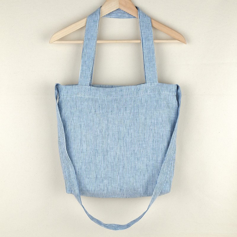 Blue Jean & White Linen Tote Bag - กระเป๋าเป้สะพายหลัง - ผ้าฝ้าย/ผ้าลินิน สีน้ำเงิน