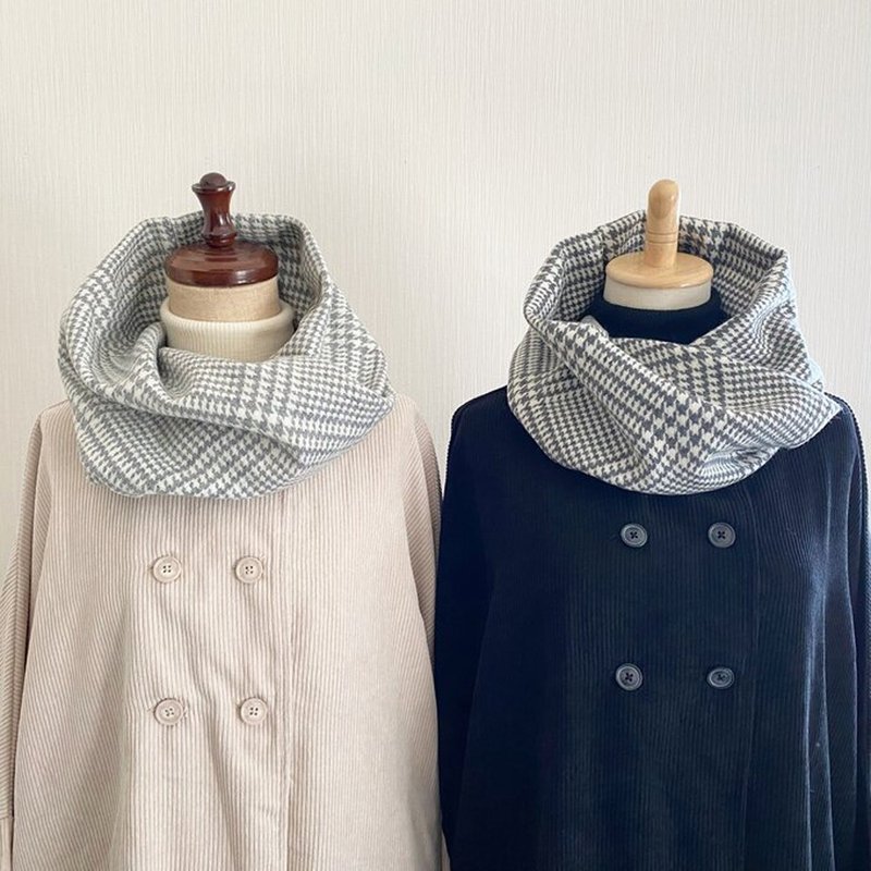 Glen plaid pair snood matching link coordination gray wool - ผ้าพันคอถัก - ผ้าฝ้าย/ผ้าลินิน สีเทา