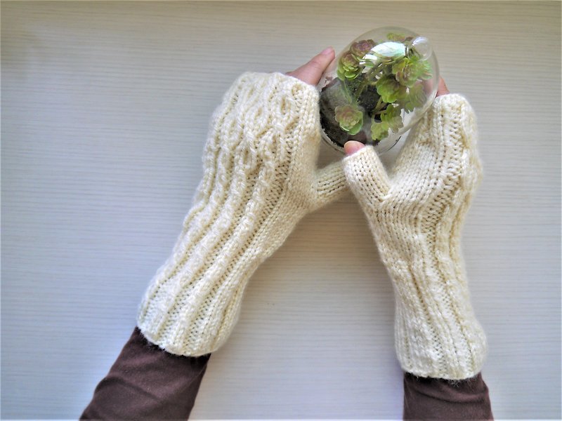 手作りニットウール手袋~文清おじさんは手袋が大好き - 手袋 - ウール ホワイト