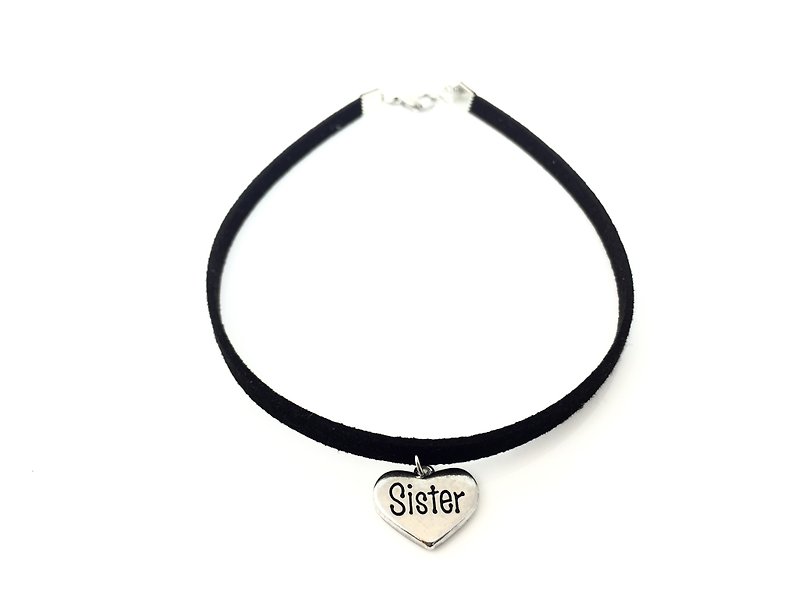 Sister silver heart necklace - สร้อยคอ - หนังแท้ สีดำ