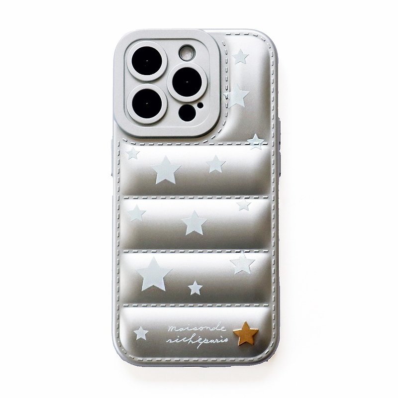 iPhone15/14/13 Spring Series - フレンチシルバーダウン 立体ゴールドスター 携帯ケース - スマホケース - プラスチック シルバー
