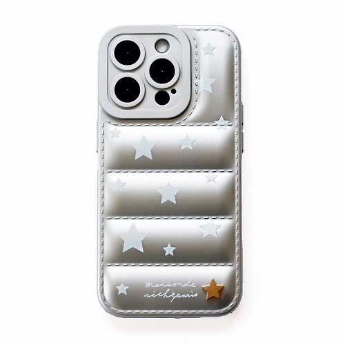 riché iPhone15/14/13 春季系列-法式銀羽絨立體金色星星手機殼