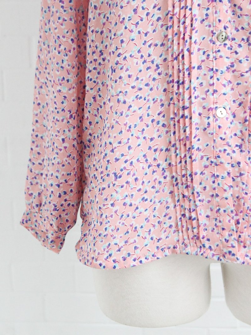 ビンテージ日本の秋ピンク花柄長袖ビンテージシャツ - シャツ・ブラウス - ポリエステル ピンク