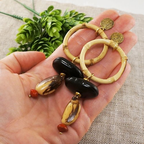 AGATIX Brown Beige Bamboo Hoop Tropical Exotic Seed Nut Large Long Earrings Jewelry