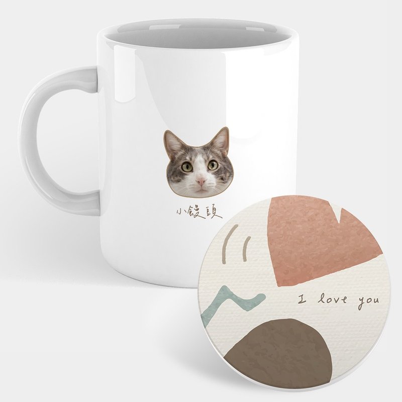 客製化寵物照片大頭照 馬克杯 杯墊 PU020 - 咖啡杯/馬克杯 - 瓷 卡其色