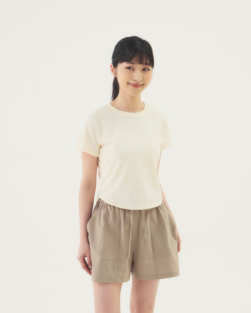 圓擺剪接短Tee (米) - 女 T 恤 - 棉．麻 卡其色