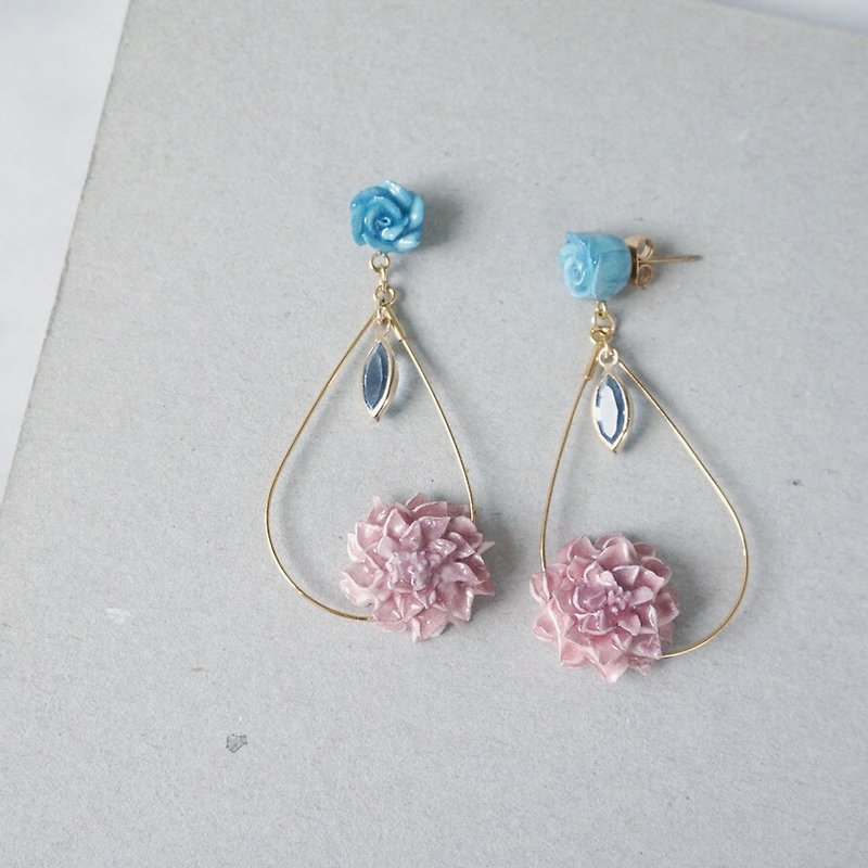 =Flower Piping= Crystal Drop Earrings/ Clip on  Customizable - Earrings & Clip-ons - Clay Blue