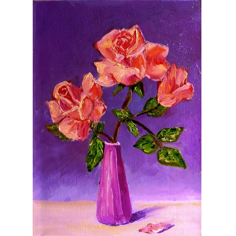 Roses oil painting on canvas - original flowers art -pink roses painting - - Posters - Cotton & Hemp Purple