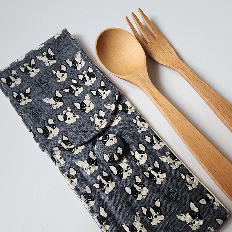 Eco-friendly Reusable Cutlery pouch, travel cutlery pouch: Dark Grey French Bull - Beverage Holders & Bags - Cotton & Hemp Gray
