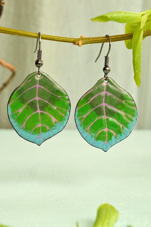 Miska Green Leaves, Jewelry, Leaf, Leaf Earrings, Enamel Leaf Earrings, Summer Leaf,