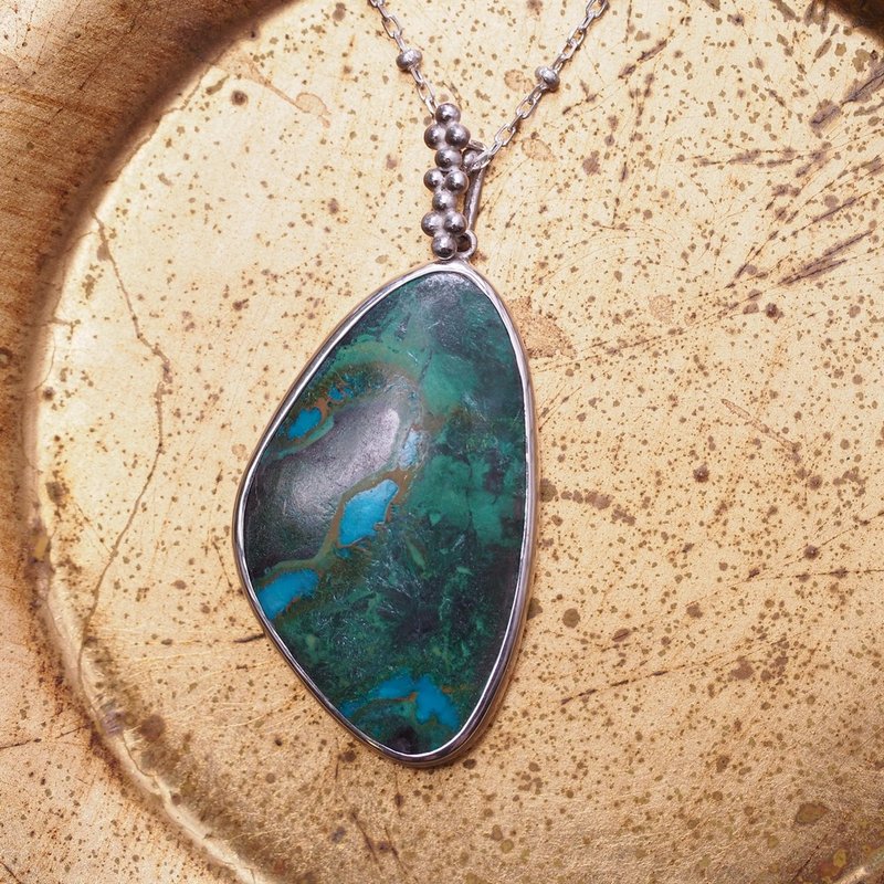 鸚鵡翼石 矽孔雀石 孔雀石 手工純銀 Parrot Wing Chrysocolla - 項鍊 - 半寶石 綠色