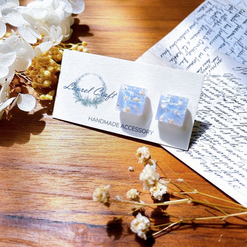 Morandi series sky blue liberty square 925 silver earrings/ clip on - ต่างหู - พืช/ดอกไม้ สีน้ำเงิน