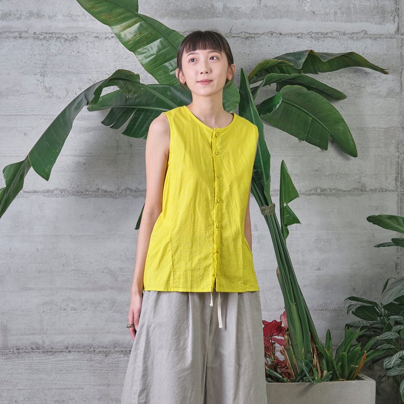 線格前短後長無袖襯衫 - 女襯衫 - 棉．麻 黃色