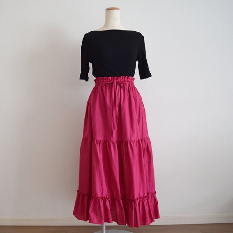 Soft Cotton Lawn Tiered Gather Long Skirt Pink - Skirts - Cotton & Hemp Pink