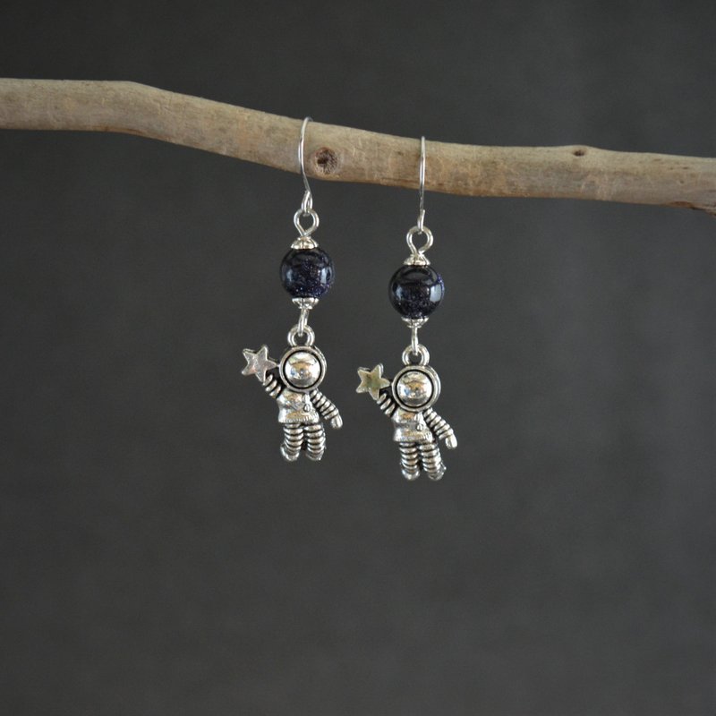 Astronaut earrings Blue sand stone space earrings with stainless steel hooks - Earrings & Clip-ons - Other Metals Silver