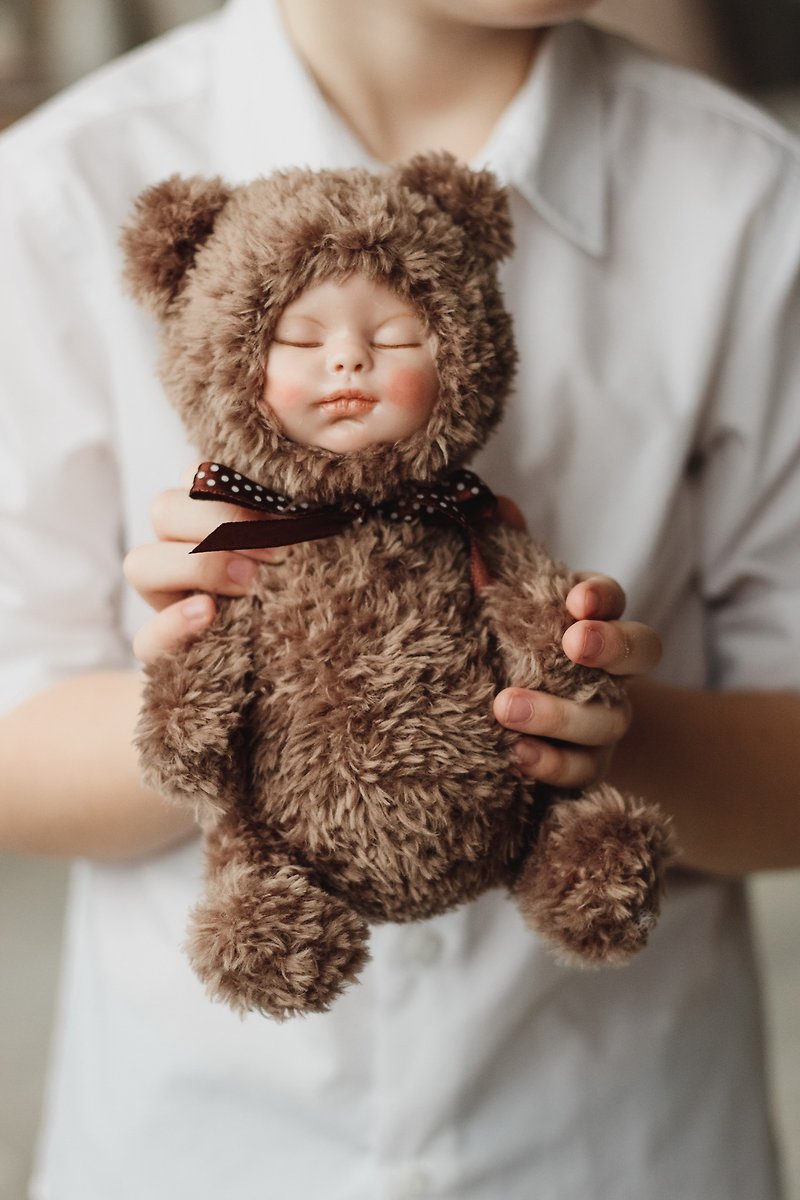 Teddy bear doll, doll with polymer clay face, newborn photography prop - Stuffed Dolls & Figurines - Polyester Brown