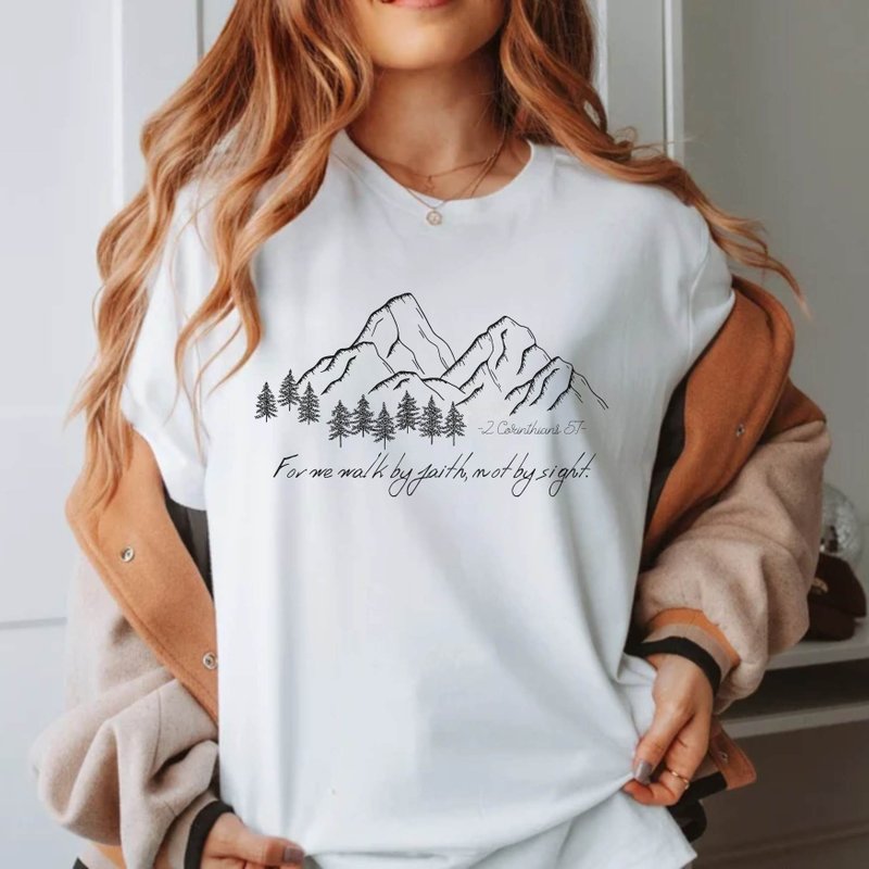 行事為人是憑著信心 哥林多後書5:7 聖經金句 中性短上衣 - 女 T 恤 - 棉．麻 灰色