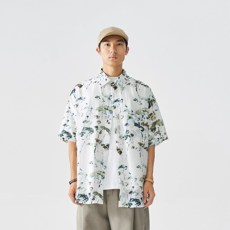 TopBasics 綠水彩夏威夷襯衫 - 男襯衫/休閒襯衫 - 其他人造纖維 白色