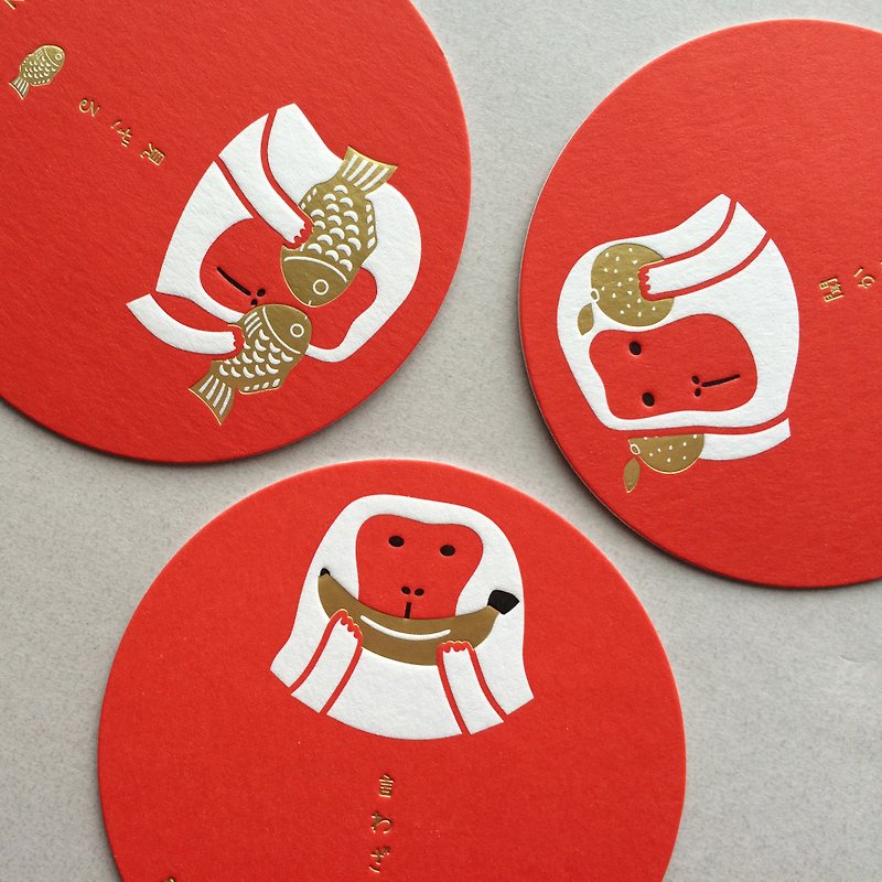 [手工凸版印刷] 元氣三猿 猴子杯墊(3入) - 卡片/明信片 - 紙 紅色