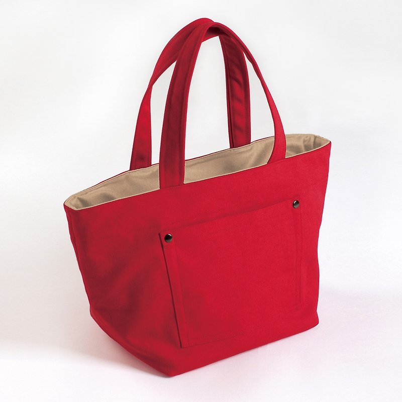 External sticker pocket-canvas tote bag-red - กระเป๋าถือ - ผ้าฝ้าย/ผ้าลินิน สีแดง