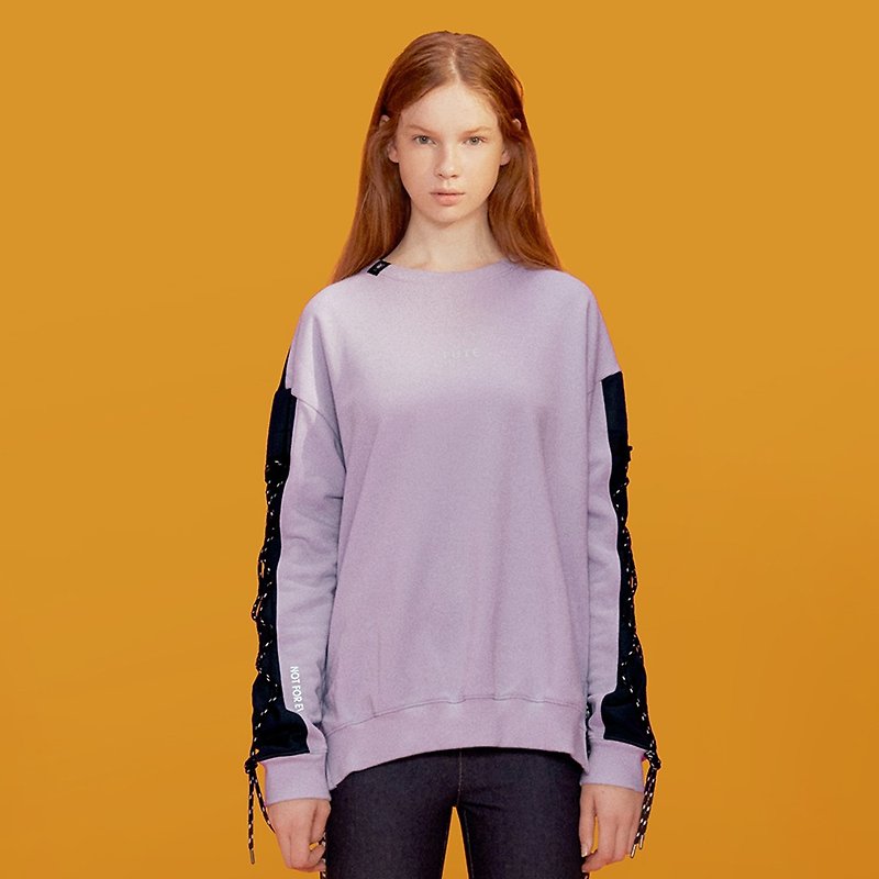 【Off-season sale】中性款 袖綁帶拼接圓領T運動衫 / 粉紫 - 女上衣/長袖上衣 - 棉．麻 紫色