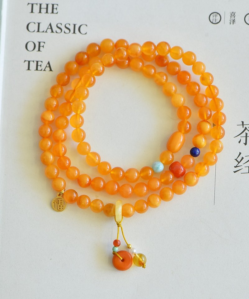 天然俄料雞油黃妖花老蜜蠟手鏈手串三圈 文玩蜜蠟琥珀 新中式手鏈 - 手鍊/手環 - 水晶 