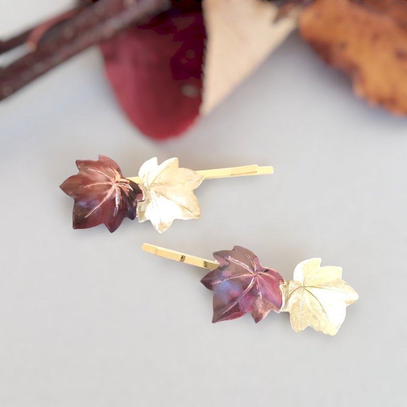 Autumn leaves hairpin brass scarlet copper products - เครื่องประดับผม - ทองแดงทองเหลือง สีแดง