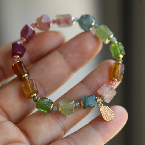 Angel's tears 天使之淚 Jewelry Design 7mm天然原礦 彩虹碧璽 琺瑯彩開運牌設計單圈手串hs-s